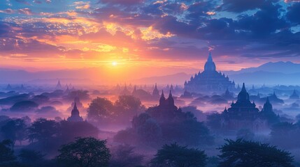 A vibrant sunrise illuminates a misty landscape dotted with ancient temples, creating a breathtaking scene of serenity and wonder.