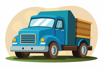 Blue Dump Truck with Wooden Bed on Green Grass