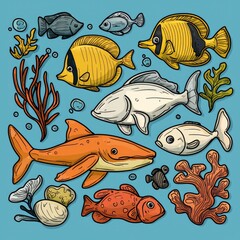 Colorful Cartoon Fish and Sea Life Illustration