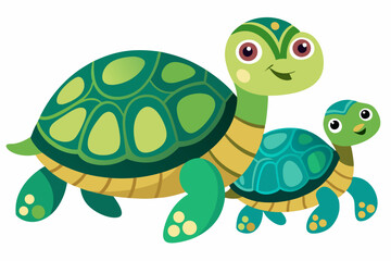 Cartoon Illustration of a Mother and Baby Turtle