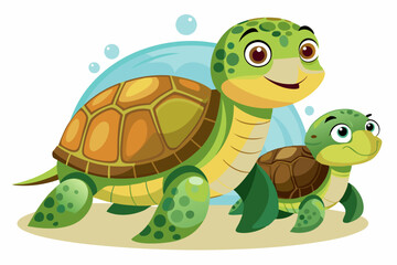 Obraz premium Cartoon Sea Turtle Family on Sandy Beach with Water Bubbles