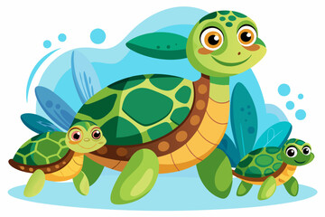 Obraz premium A Cartoon Family of Three Green Sea Turtles