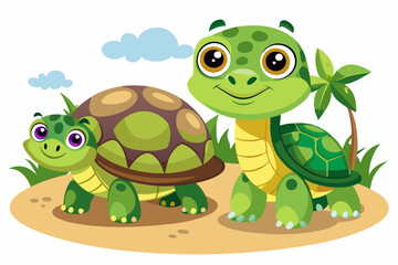 Fototapeta premium Two Cartoon Turtles on a Sandy Beach with a Palm Tree