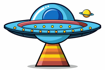 Cartoon illustration of a blue UFO with a yellow planet in the background
