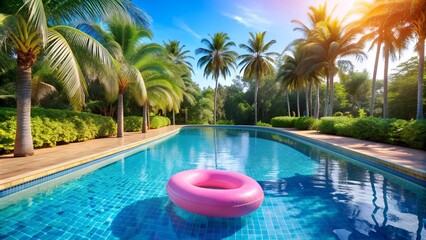 Obraz premium A Serene Escape: Swimming Pool with Inflatable Ring, Water Slide, and Palm Trees AI Generated