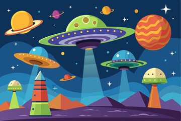 Obraz premium Flying Saucers Over a Fantasy Planet with Mountains and Stars