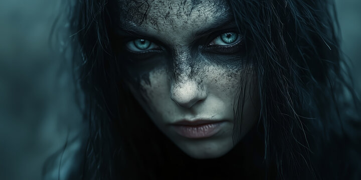 Close up portrait of a scary gothic girl with black on her face