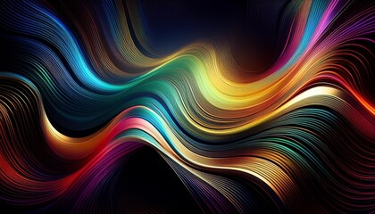 Generative AI illustration of abstract multicolored wavy ornament with shiny gradient colorful lines forming black background