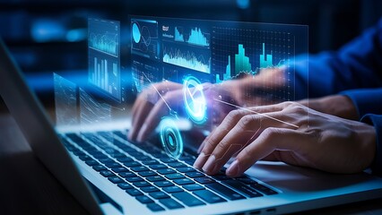An analyst uses a computer and dashboard for data business analysis and Data Management System with KPI and metrics connected to the database for technology finance, operations, sales, marketing
