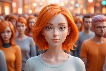 Obraz premium A young woman with red hair stands out in a crowd.