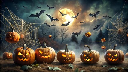 Spooky Pumpkin Patch with Bats and Cobwebs  AI generated