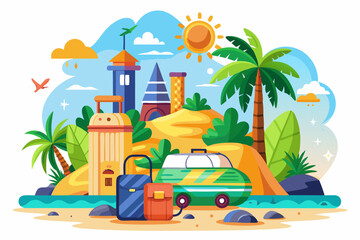 Obraz premium A Tropical Island Scene with Luggage and a Van