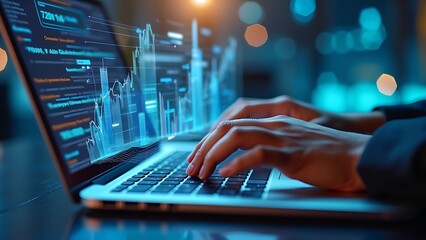 An analyst uses a computer and dashboard for data business analysis and Data Management System with KPI and metrics connected to the database for technology finance, operations, sales, marketing