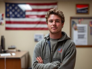 A man standing in front of an American flag in an office