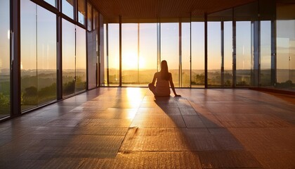 Generative AI image of back view of unrecognizable person sitting on step and looking away during sunrise time in spacious empty room with glass walls