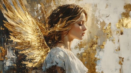 Fragile angel in Renaissance style, decorated with gold. Wall painting as if crumbling with time