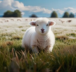 Obraz premium White lamb in field in front of other animals