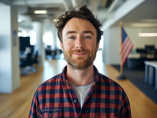 Obraz premium A man in a red and black plaid shirt standing in an office