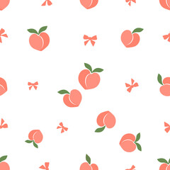 Seamless pattern of pink peach fruit with green leaves and ribbon bow on white background vector. Cute fruit print.