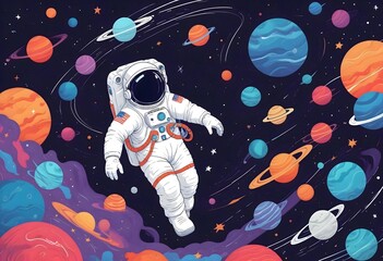 Seamless pattern with spaceship, astronaut, planets and stars on dark background