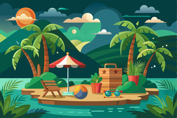Obraz premium Tropical Beach Scene with Palm Trees, Umbrella, and Beach Accessories