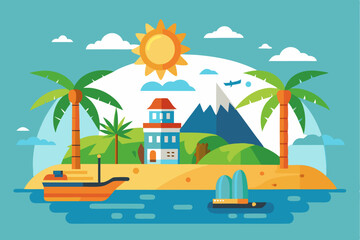 Obraz premium Tropical Island with Palm Trees, a House, and a Boat