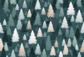 Fototapeta premium Seamless winter pine trees pattern with snowflakes on dark background, Christmas concept, winter background