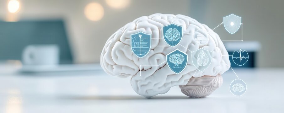 3D brain with areas protected by shields representing stroke prevention, alongside icons of wellness practices, stroke prevention, proactive health