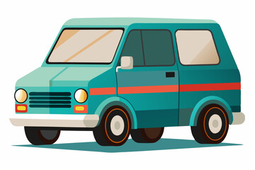 Cartoon illustration of a teal minivan with red stripes