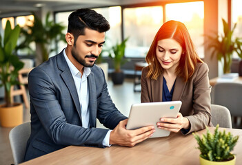 Obraz premium Businessman and businesswoman having an office meeting. Businesspeople in Meeting. Business people at meeting. Multi-ethnic business people having meeting. Multi-ethnic business people having meeting