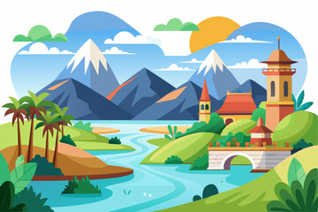 Obraz premium Serene Landscape with Mountains, River, Bridge, and Buildings