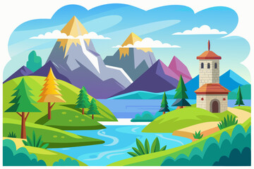 Fototapeta premium A Stone Tower in a Mountain Landscape with a Winding River