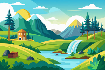 Fototapeta premium Idyllic Mountain Landscape with a Small House and Waterfall