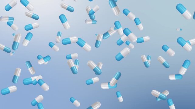 3D loop animation. White and blue pills falling on gradient background in slow motion. Close-up of a white and blue pill. 3d render pills. 3d animation Loop, 4K