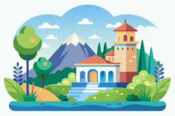Naklejka premium A Colorful Building in a Picturesque Landscape with a Mountain