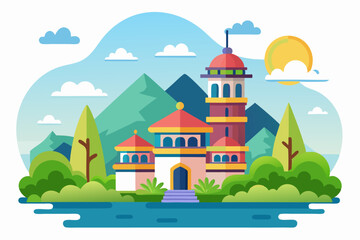 Colorful Building in a Mountain Landscape with a Blue Sky and Sun