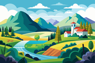 A Picturesque Landscape with a Winding River and a White Cottage Nestled Among Green Hills