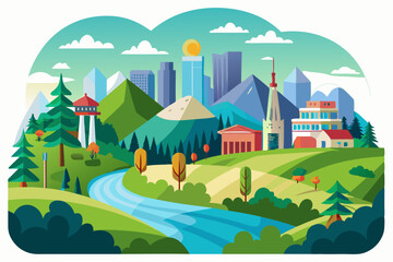 Fototapeta premium A City Skyline Overlooking a Winding River and Green Hills