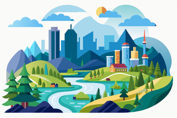 City Skyline with Mountains, River, and Forest