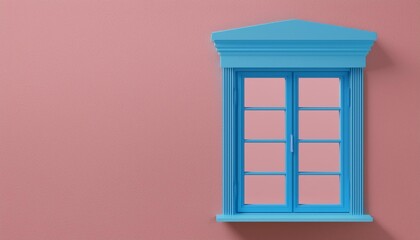 Minimal scene of blue window on pink wall background. 3d rendering.