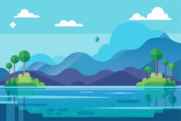 Tranquil Mountain Lake Landscape with Green Trees and Blue Sky
