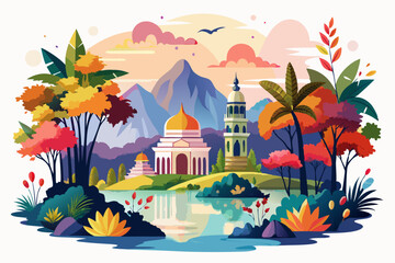 Obraz premium Colorful Landscape with Buildings, Mountains, and a Lake