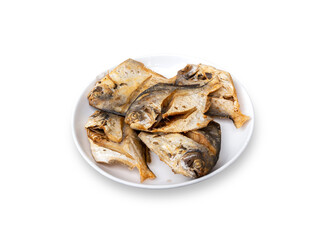 Five Crispy Deep Fried Baby White Pomfret fish in ceramic plate isolated on white background.