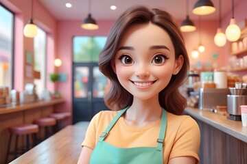 Smiling cartoon woman in a cafe, wearing an apron.