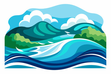 Abstract Illustration of a Seascape with Mountains and Waves