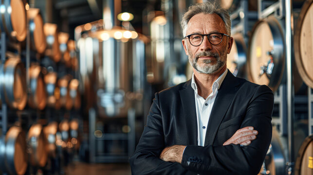 Confident Mature Brewer in Black Suit Standing in Brewery Environment