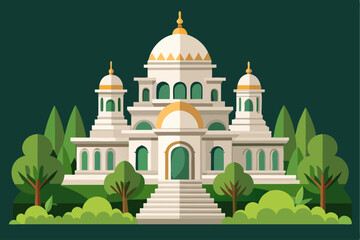 Fototapeta premium A white mosque with golden accents surrounded by green trees and bushes