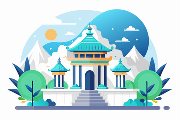 Obraz premium Traditional Asian Temple with Mountains and Sky Background