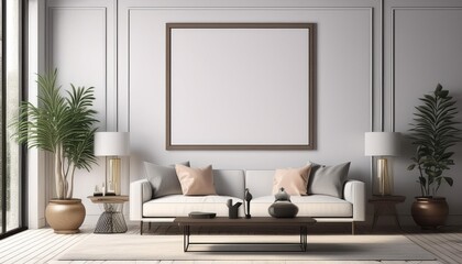 Modern vintage interior of living room, A blank frame on a white wall, 3D Rendering