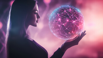 Naklejka premium Metaverse Technology Concept. Woman's hand holding global network connection. Internet communication, Wireless connection technology. Polygonal shape of futuristic technology